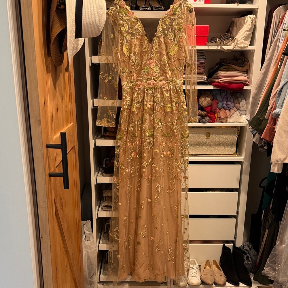 Floral Embroidered Maxi Dress in Nude with Pink Accents
